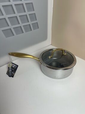 David Burke Geo Clad 3Qt Ceramic Hybrid Saucepan Lid Gold NWT